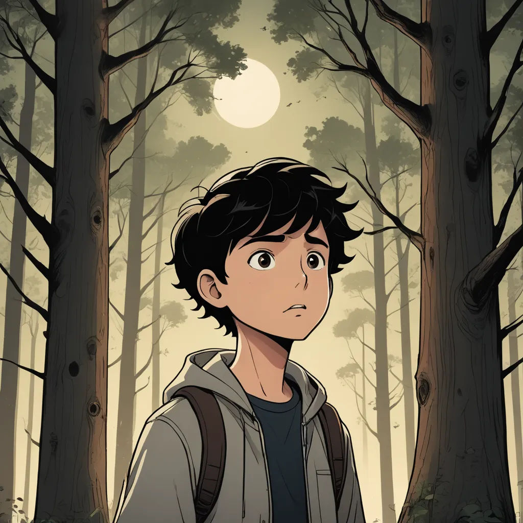 a boy standing in the woods with a backpack on his back and a full moon in the background,, sots art, a character portrait, Atey Ghailan, comic cover art
