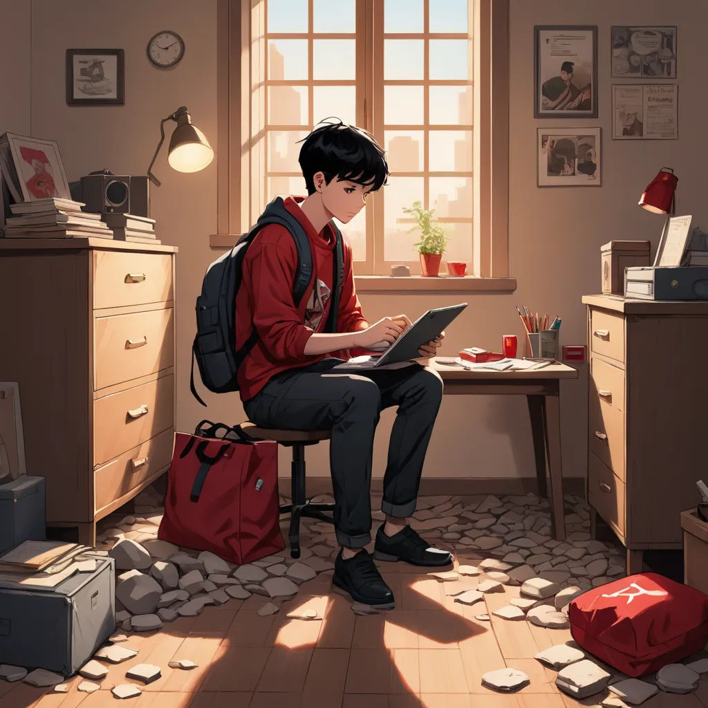 a boy sitting in a chair with a laptop in his lap and a red bag on the floor next to him, serial art, a comic book panel, Atey Ghailan, rossdraws global illumination