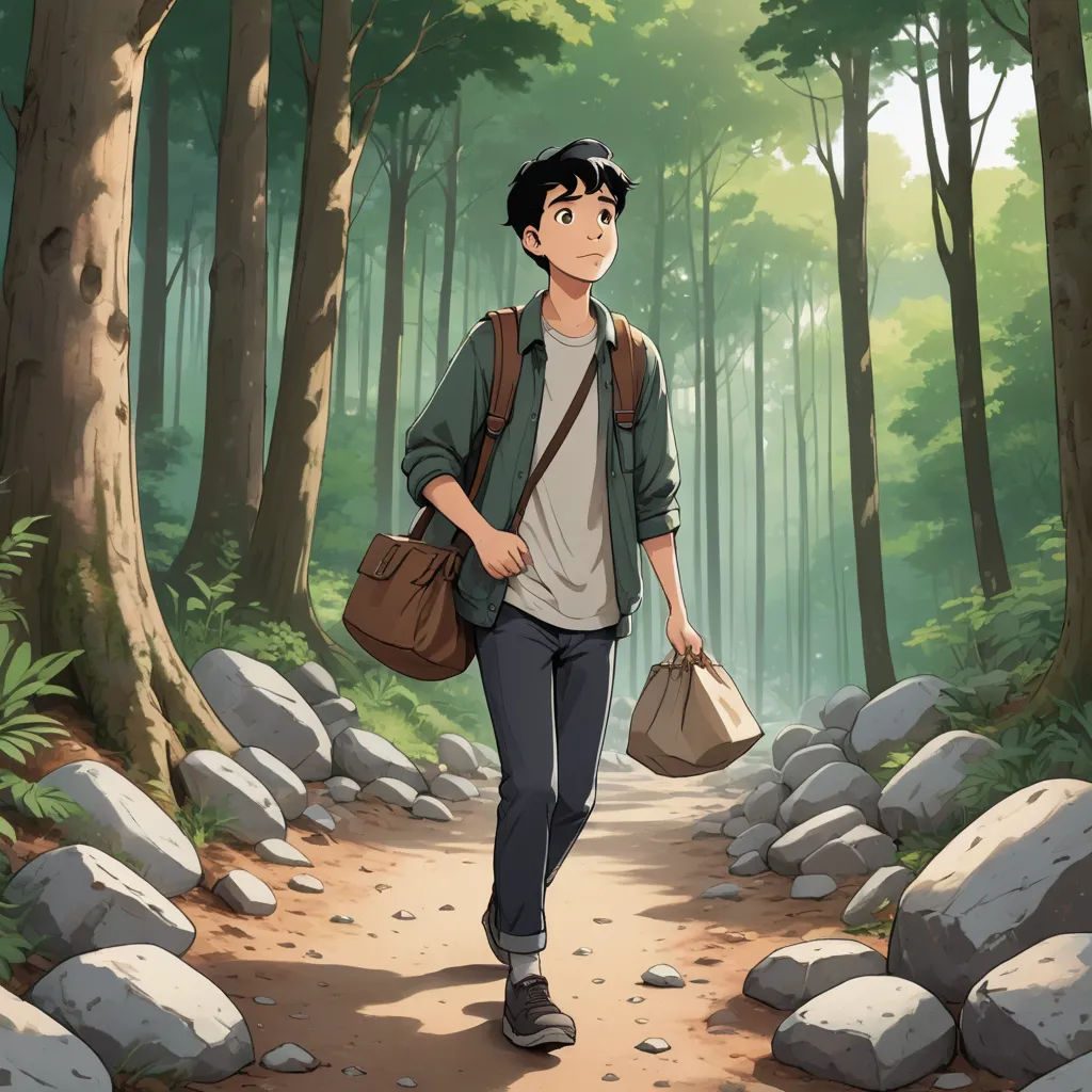 a boy walking down a path in the woods with a bag and a book in his hand and a backpack on his shoulder, environmental art, concept art, Atey Ghailan, official art
