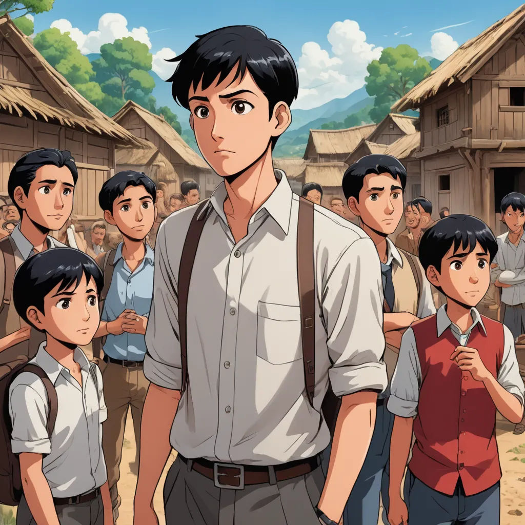 a man standing in front of a group of people in a village with a village in the background and a man in a white shirt and tie, serial art, a character portrait, Eizan Kikukawa, official art