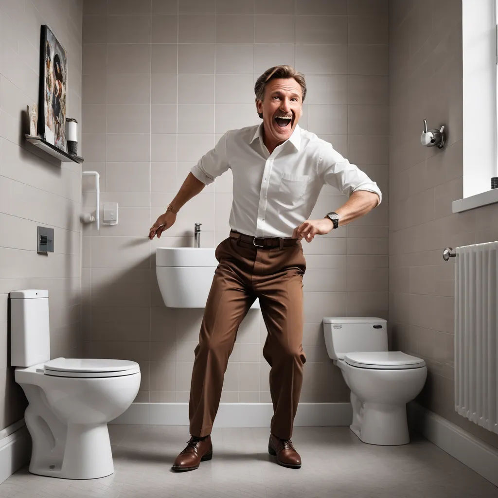 a man in a white shirt and brown pants standing in a bathroom with a toilet and a sink and a window, hyperrealism, a stock photo, Cliff Childs, promotional image