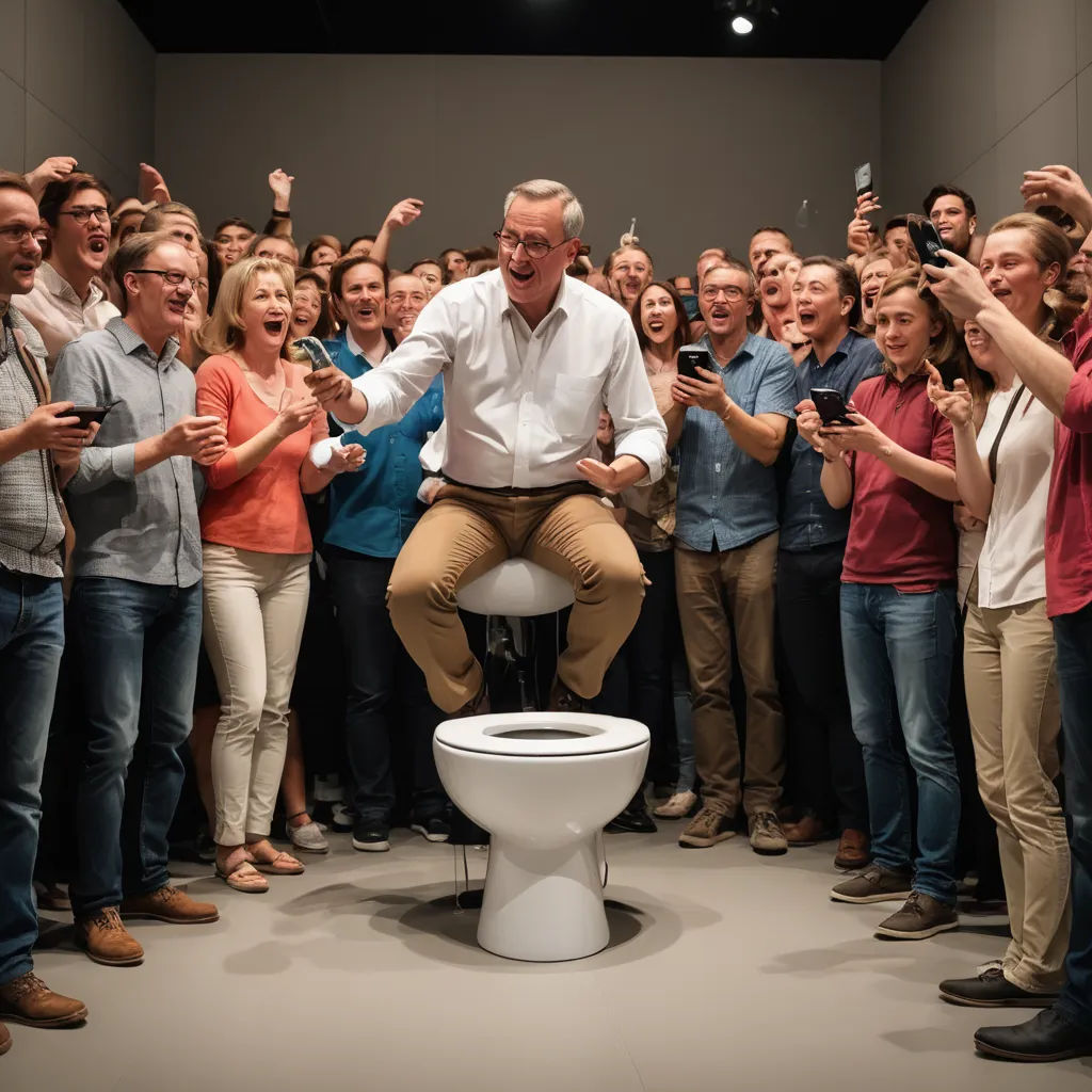 a man sitting on a toilet surrounded by people taking pictures of him and his friends in a room with a white wall, fluxus, a stock photo, Erwin Bowien, award - winning photo
