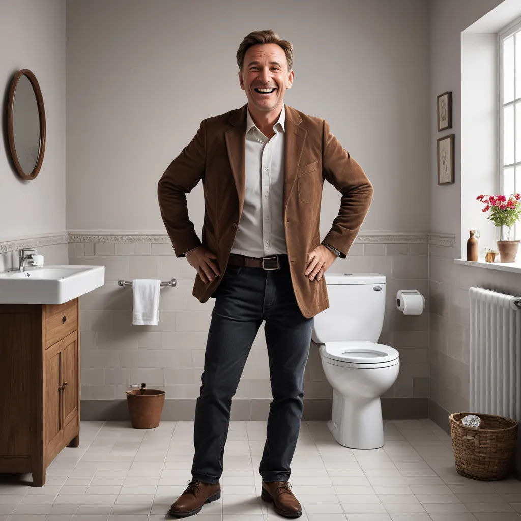 a man standing in a bathroom with his hands on his hips and smiling at the camera, with his hands on his hips, arts and crafts movement, a stock photo, Christian Hilfgott Brand, promotional image
