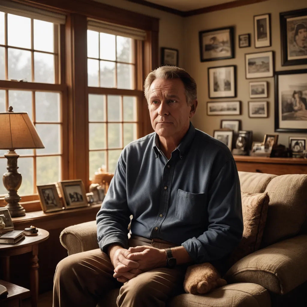 a man sitting on a couch in a living room next to a window with pictures on the wall and a lamp, neoplasticism, a character portrait, David Brewster, cinematic photography