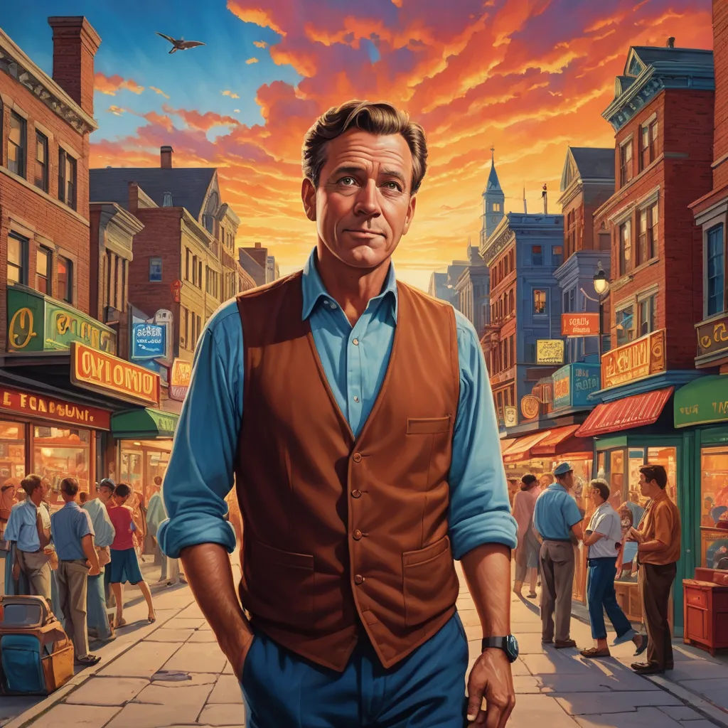 a painting of a man in a vest standing in front of a crowd of people on a city street, american scene painting, a detailed painting, F. Scott Hess, kinkade