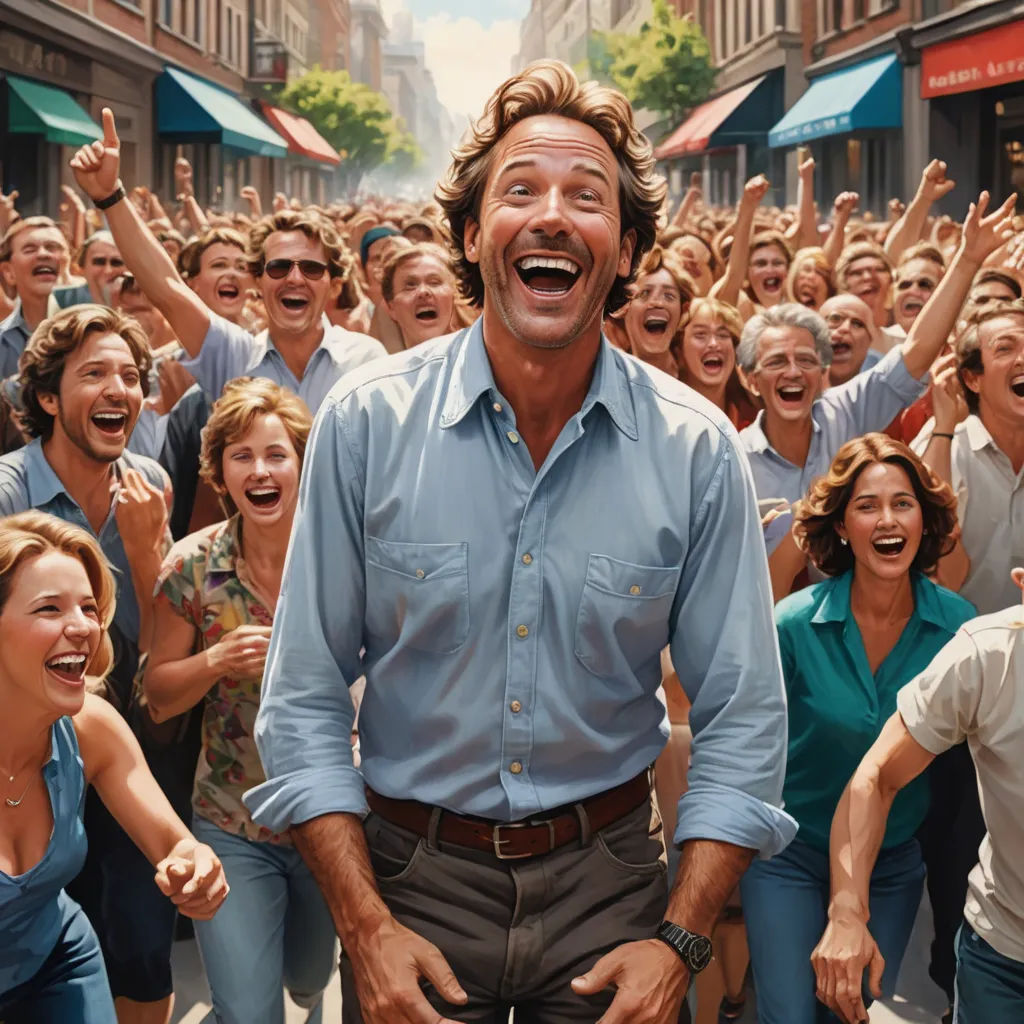 a man is surrounded by a crowd of people in a street with his hands up in the air and his mouth open, kitsch movement, a stock photo, Alson S. Clark, vfx