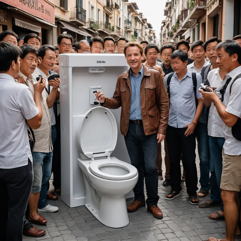 a man standing next to a toilet in a crowd of people standing around it with a cell phone in his hand, fluxus, a stock photo, Dirck van der Lisse, photo real