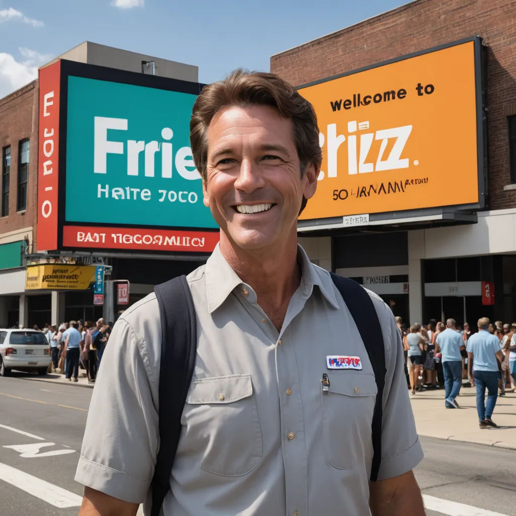 a man standing in front of a store with a smile on his face and a backpack on his back, regionalism, a character portrait, Brian Fies, promotional image