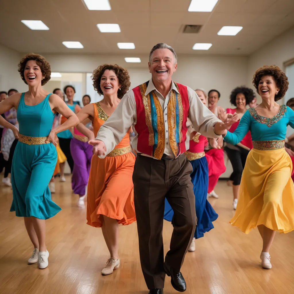a group of people dancing in a dance studio with a man in a colorful shirt and tie and a woman in a colorful skirt, kitsch movement, a renaissance painting, Don Arday, promotional image