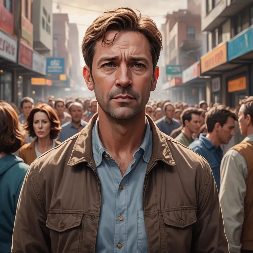 a man standing in front of a crowd of people in a city street with a man looking at the camera, hyperrealism, a hyperrealistic painting, Chris LaBrooy, vfx
