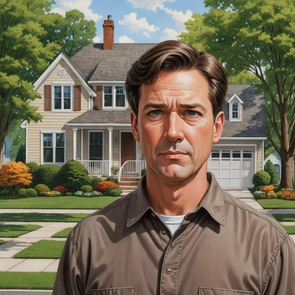 a man standing in front of a house with a house in the background and a tree in the foreground, american realism, a character portrait, F. Scott Hess, highly detailed digital painting