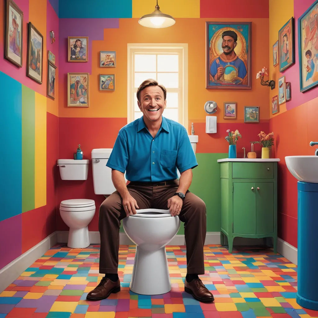 a man sitting on a toilet in a bathroom with a colorful floor and walls with pictures on the walls, naive art, a pop art painting, Chris LaBrooy, promotional image