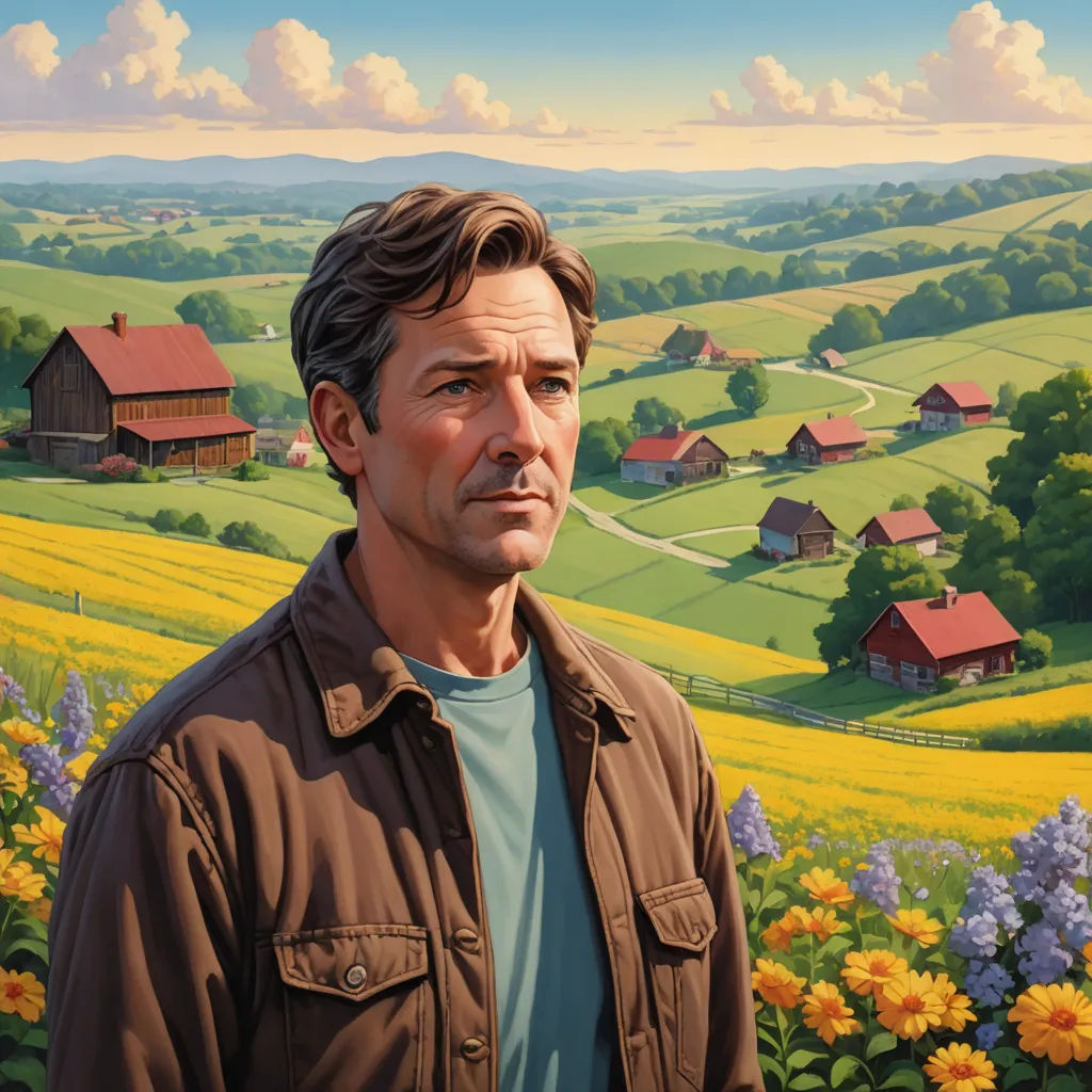 a painting of a man standing in a field of flowers with a farm in the background and a red roofed house in the distance, american scene painting, a character portrait, Aaron Jasinski, kinkade