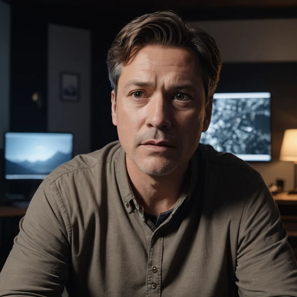 a man sitting in front of a desk with a computer monitor on it's side and a lamp on the other side, serial art, a character portrait, Dan Scott, vfx