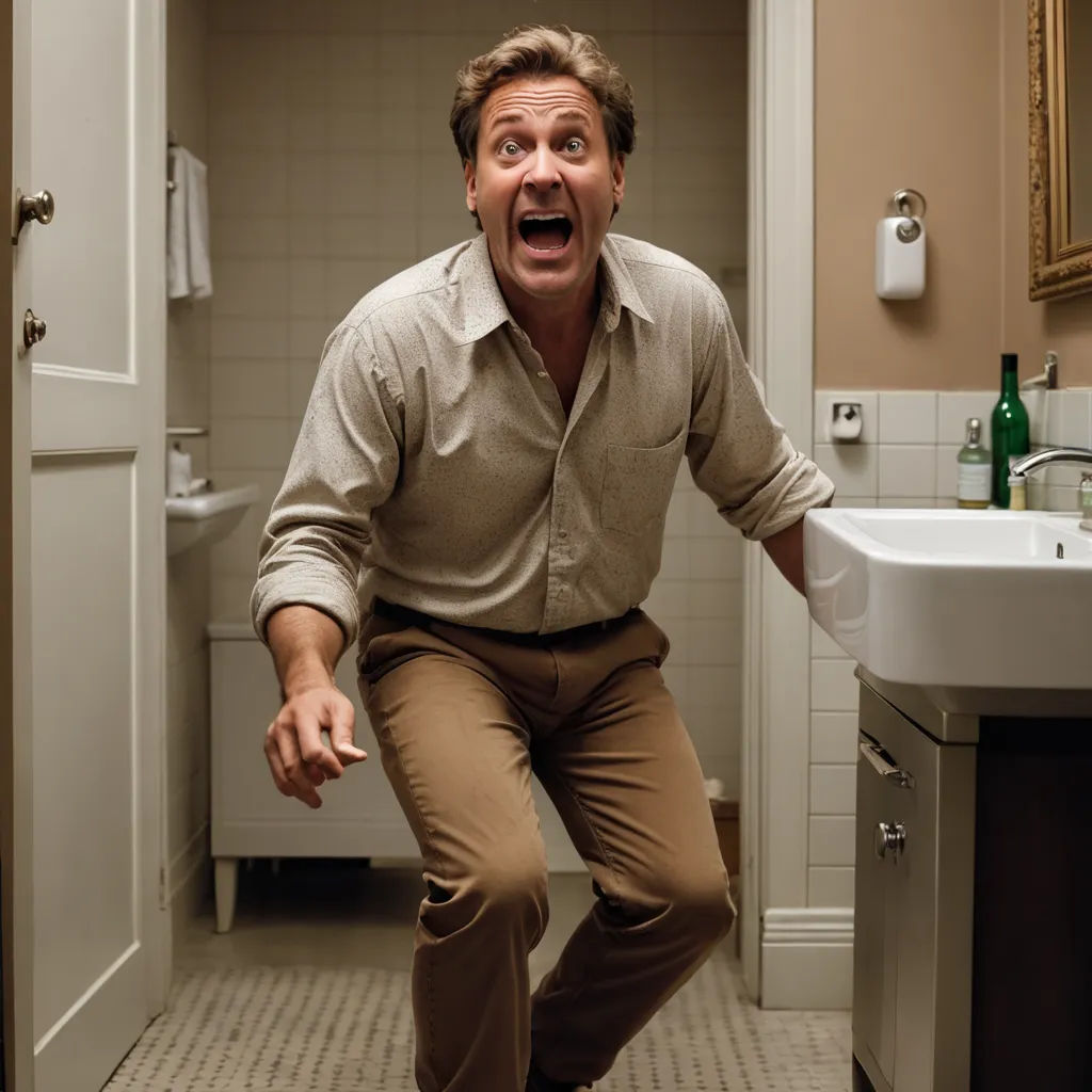 a man is in a bathroom with his mouth open and his hands in his pockets and his mouth wide open, photorealism, a stock photo, Christopher Williams, promotional image