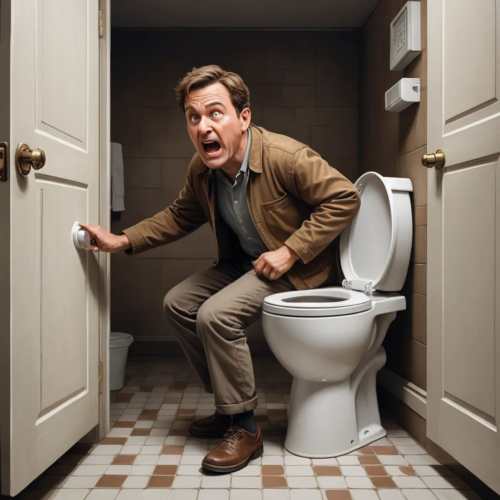 a man is sitting on a toilet in a bathroom with a surprised look on his face and hands as he opens the door, transgressive art, a stock photo, Eric Dinyer, promotional image