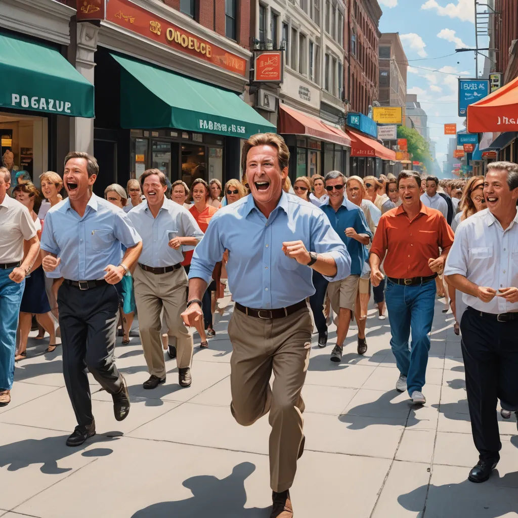a man is running down the street with a crowd of people behind him and a man in a blue shirt is laughing, kitsch movement, a stock photo, Doug Ohlson, movie still
