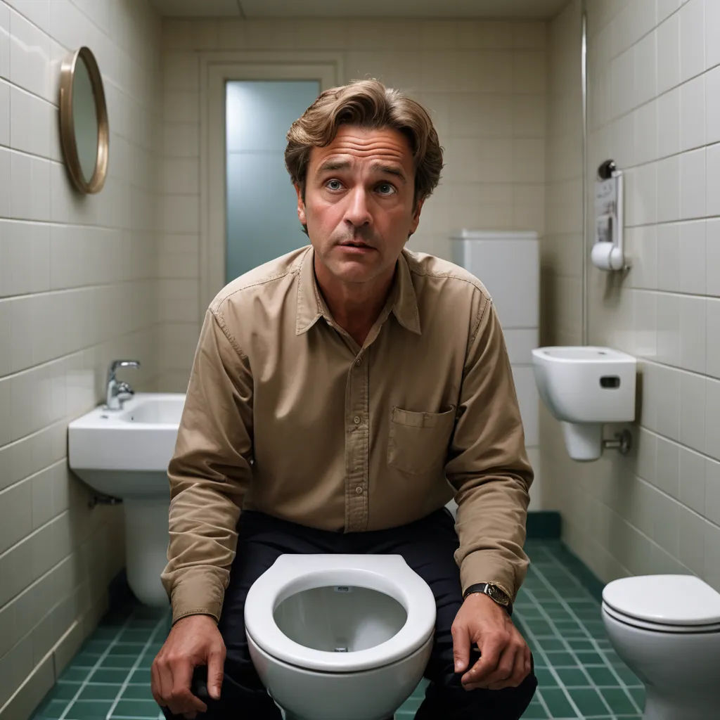 a man squatting down in a bathroom with a toilet in front of him and a sink behind him, art brut, a character portrait, David Annand, promotional image