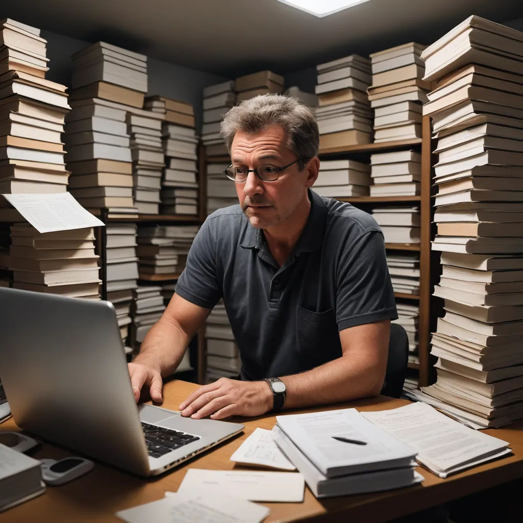 a man sitting at a desk with a laptop in front of a large stack of books on a shelf, academic art, a stock photo, Andries Stock, hard focus