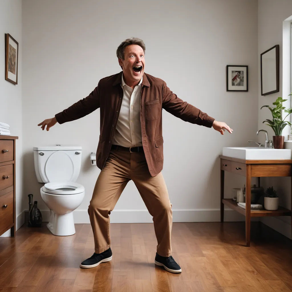 a man in a brown jacket and tan pants is standing in front of a toilet and a sink in a bathroom, video art, a stock photo, Dennis Flanders, promotional image