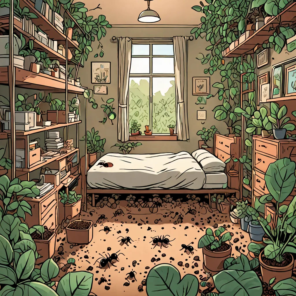 a room with a bed, plants, and a window in it, and a lot of books on the shelves, environmental art, a comic book panel, Asaf Hanuka, overgrown