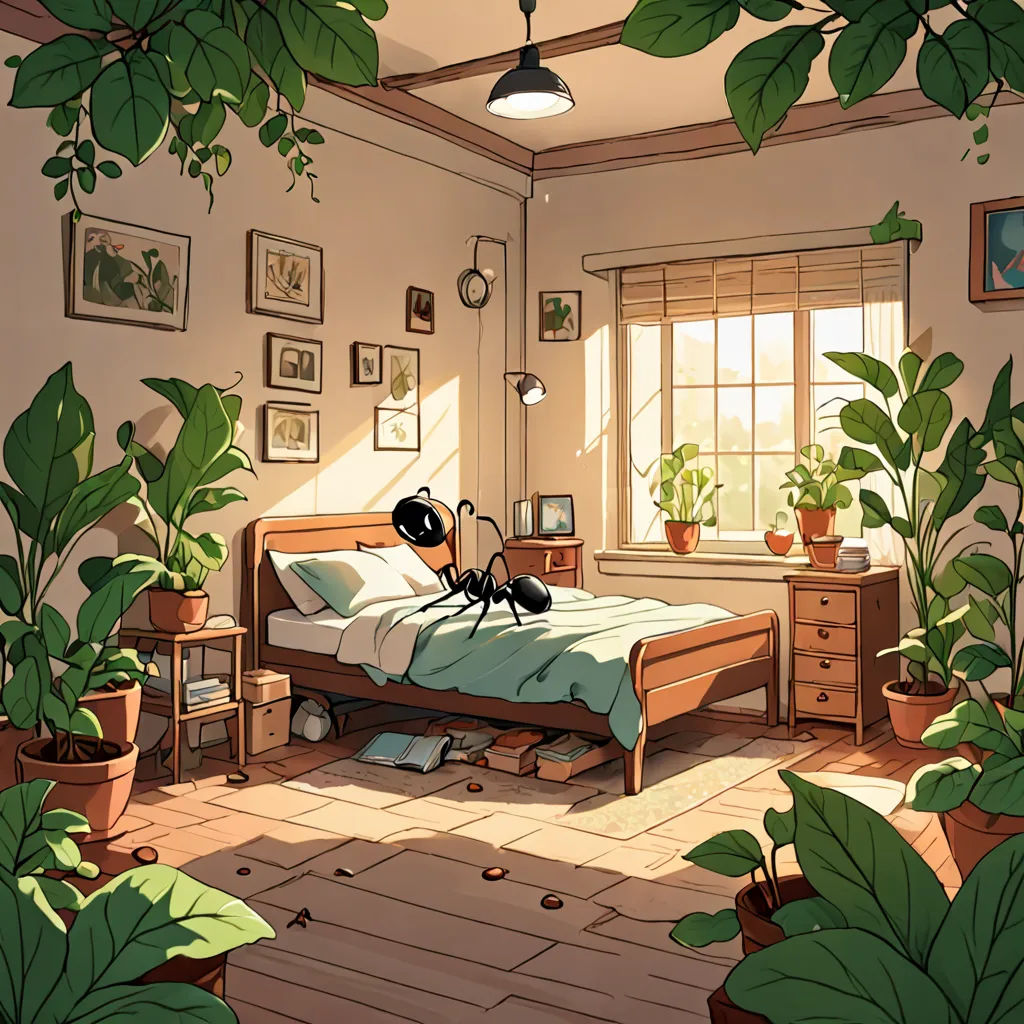 a bedroom with a bed, plants, and a window in it, and a plant in the corner, environmental art, a storybook illustration, Atey Ghailan, overgrown
