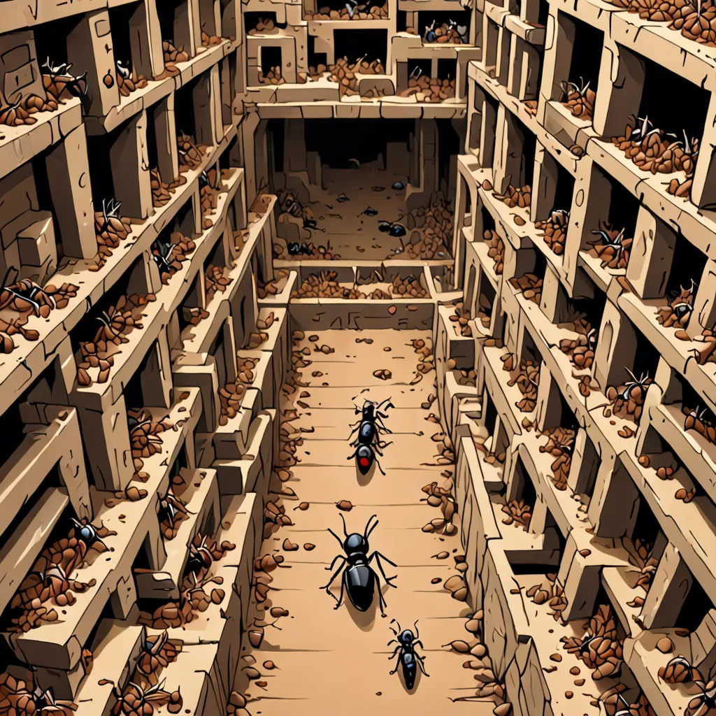 a group of bugs walking through a very large building filled with lots of bricks and rubbles on the floor, underground comix, a comic book panel, Asaf Hanuka, furaffinity