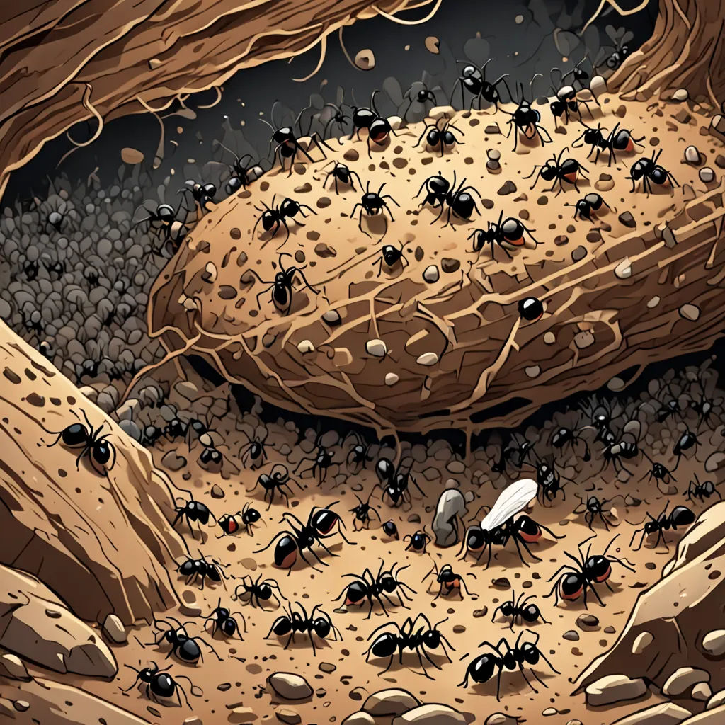 a group of ants crawling in a cave with rocks and dirt on the ground and a rock formation in the background, neoplasticism, an illustration of, Asaf Hanuka, laurie greasley