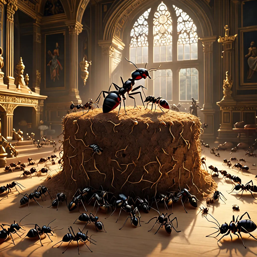 a group of ants standing on top of a pile of hay in a room with a large window and a large window, Chris LaBrooy, photorealism, a raytraced image, unreal engine render