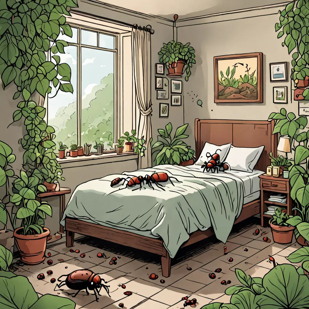 a bed with two crays on it in a room with plants and a window with a view, environmental art, a storybook illustration, Asaf Hanuka, intricate environment