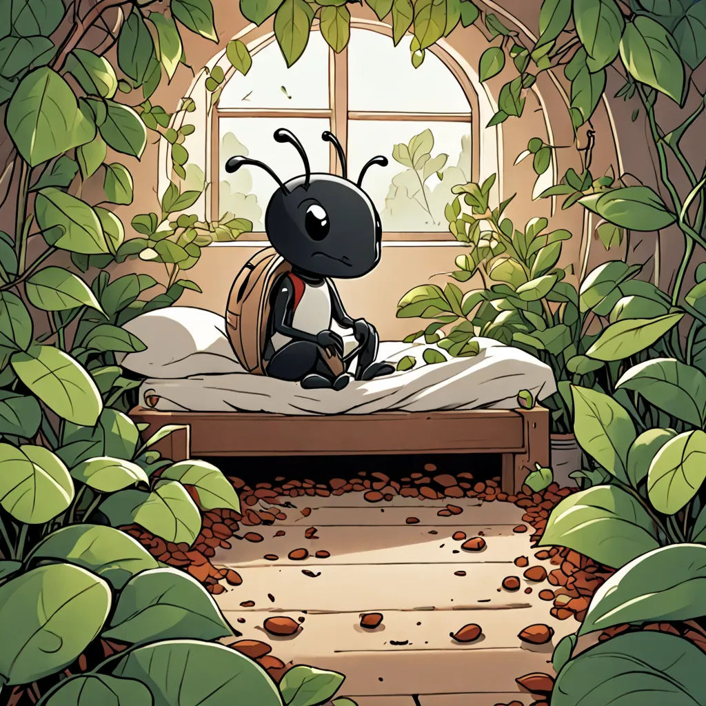 a cartoon of a bug sitting on a bed in a forest with a window and plants surrounding it,, fantasy art, a storybook illustration, Asaf Hanuka, storybook illustration