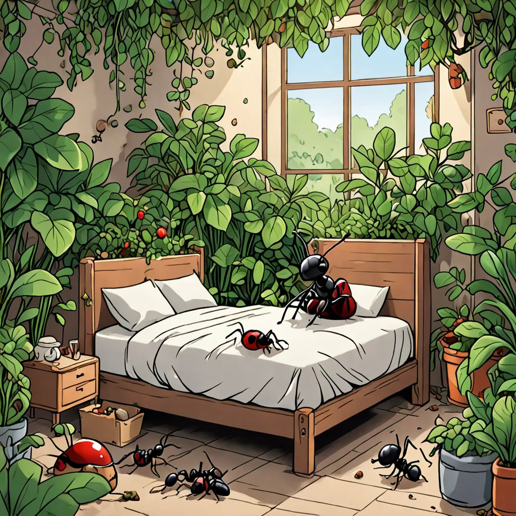 a bed with a bunch of bugs on it in a room with plants and a window with a view, environmental art, a storybook illustration, Ernst Thoms, storybook illustration