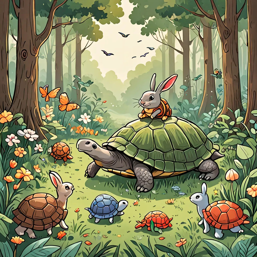 a rabbit riding on top of a turtle in the forest with other animals around it and a bunny sitting on top of the turtle, psychedelic art, a storybook illustration, Chris LaBrooy, storybook illustration