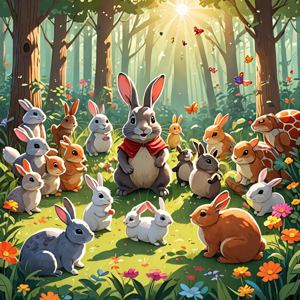 a group of rabbits in a forest with a butterfly in the background and a sunbeam in the background, furry art, a storybook illustration, Chris LaBrooy, rossdraws global illumination