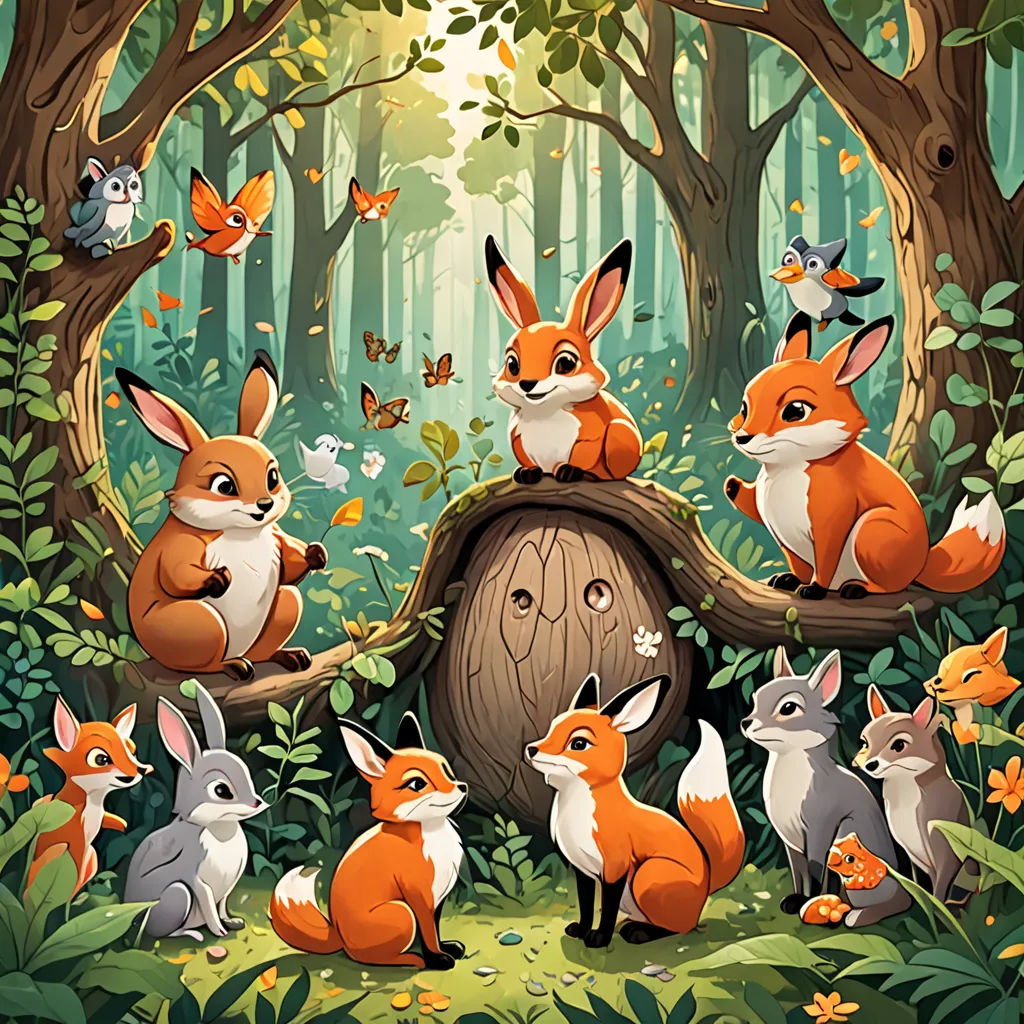a painting of a forest with many animals in it and a tree stump in the foreground with butterflies flying around, furry art, a storybook illustration, Dan Mumford, rossdraws global illumination