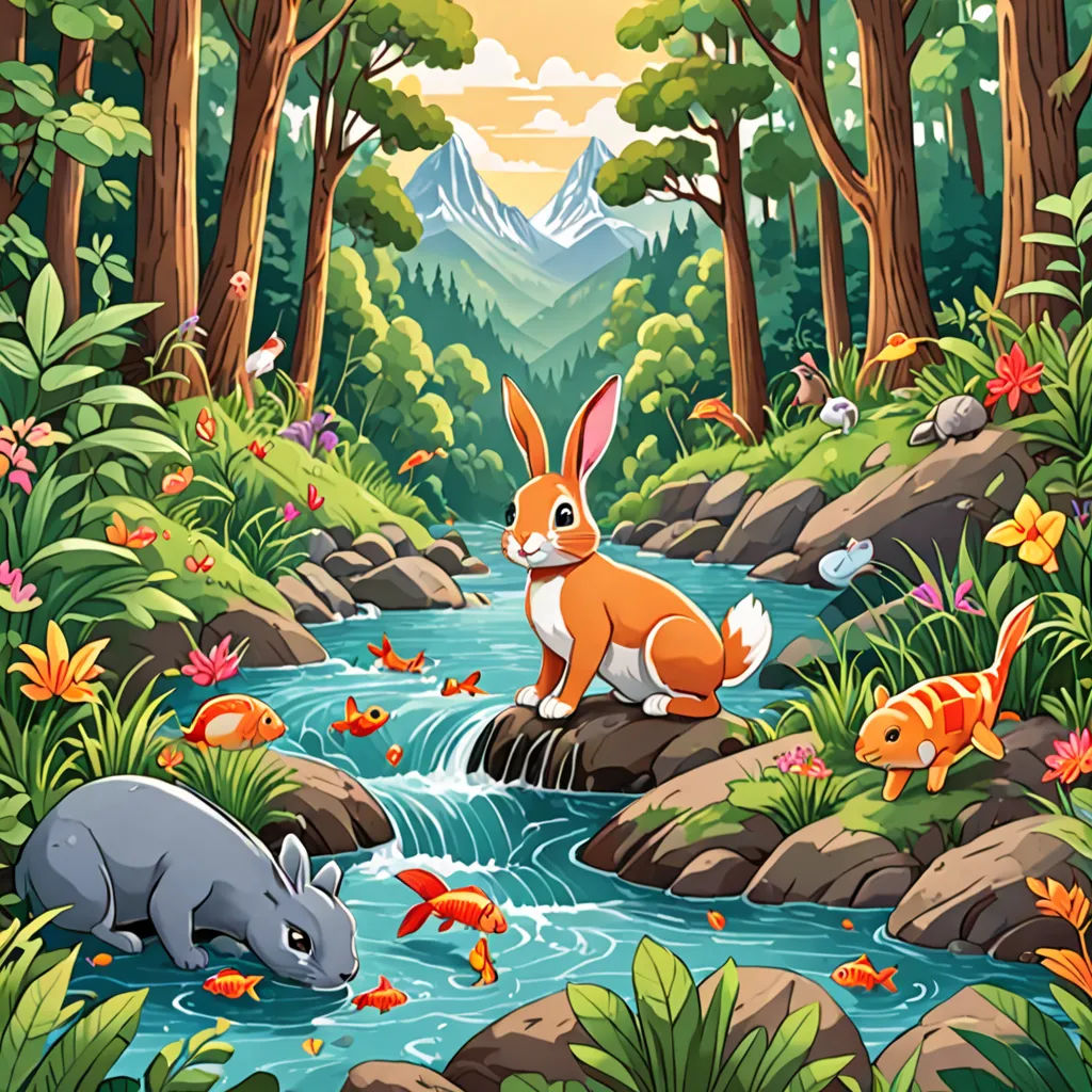 a cartoon scene of a forest with a river and animals in it and a mountain in the background with a sun, environmental art, a storybook illustration, Chris LaBrooy, game art