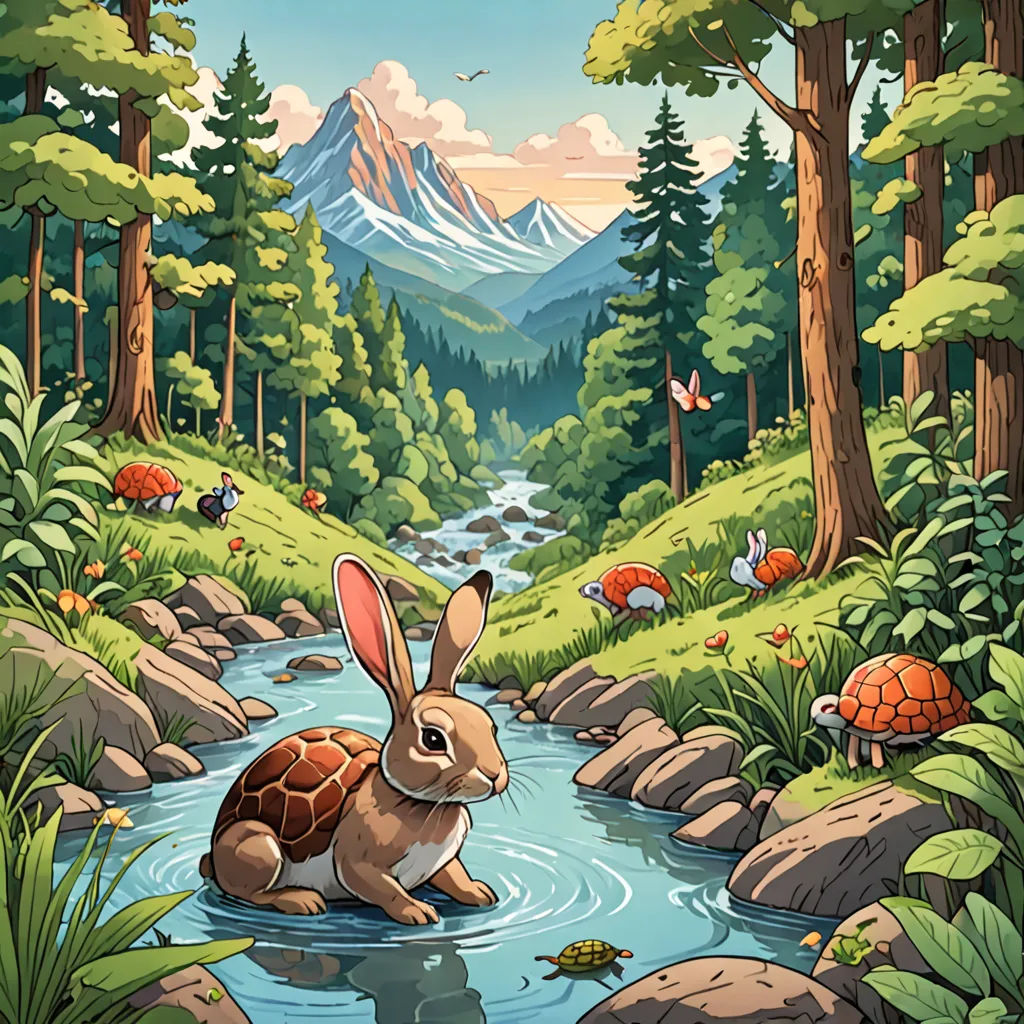 a rabbit is sitting in the water near a mountain stream and some trees and rocks with a turtle in it, environmental art, a storybook illustration, Dan Mumford, storybook illustration