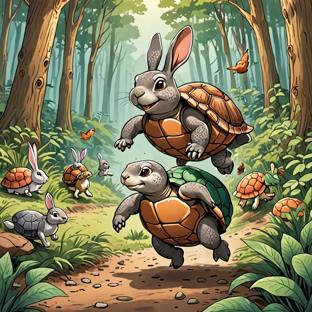a rabbit and a turtle are running in the woods together, with rabbits running around them and a rabbit on the back of the turtle, sots art, a storybook illustration, Dan Mumford, game art