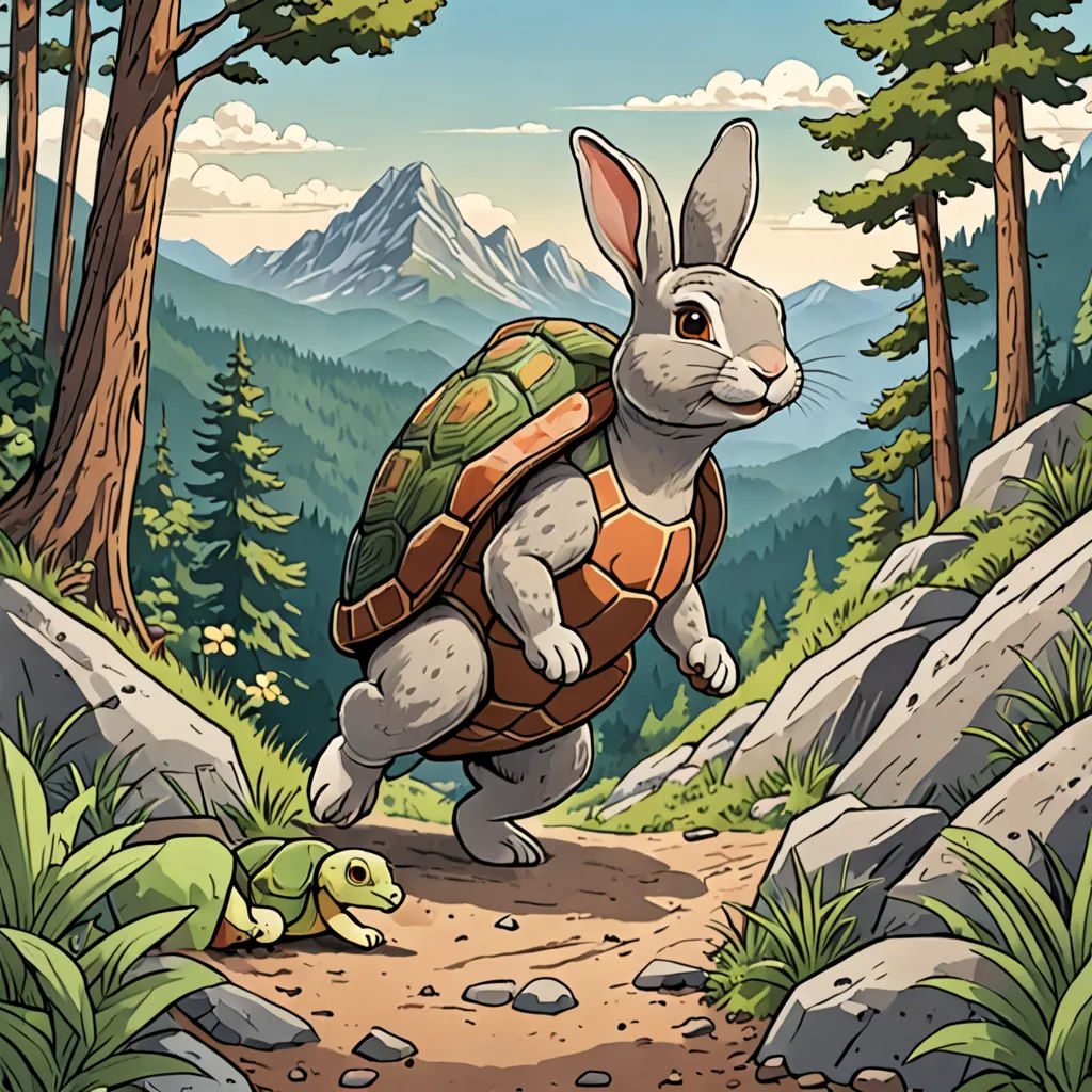 a rabbit is carrying a turtle on a trail in the woods with mountains in the background and trees in the foreground, furry art, a storybook illustration, Chris LaBrooy, josan gonzales and dan mumford