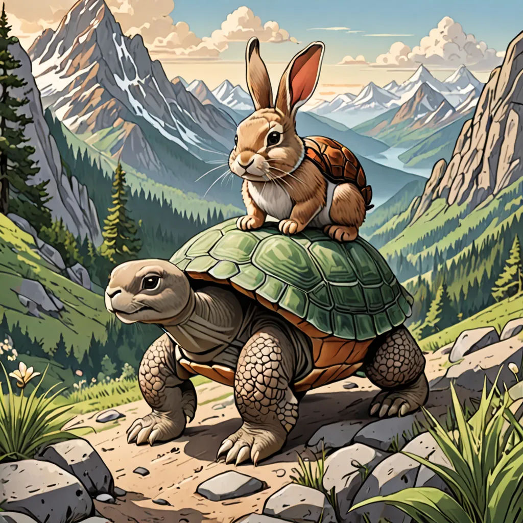 a rabbit sitting on top of a turtle on a mountain trail with mountains in the background and a forest, furry art, a storybook illustration, Chris LaBrooy, josan gonzales and dan mumford