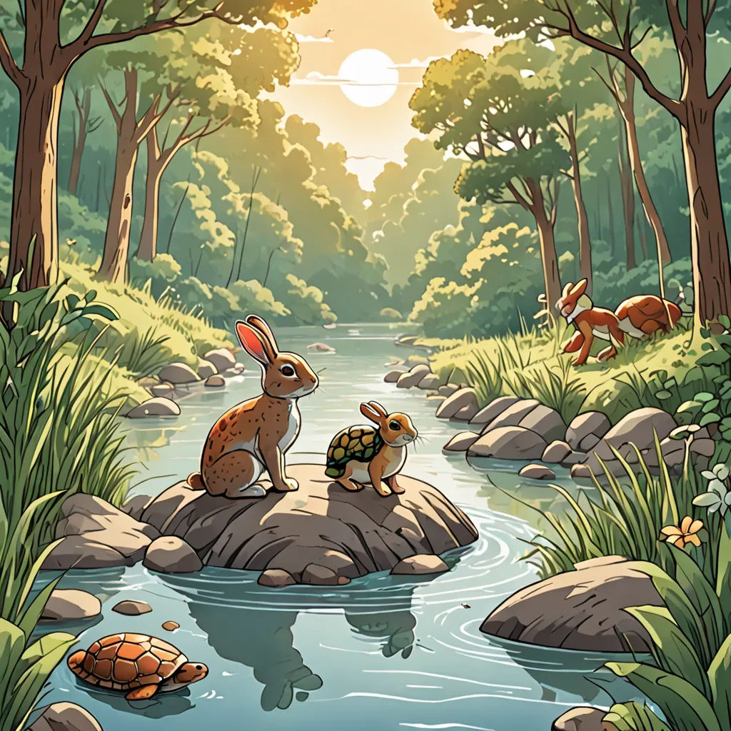 a painting of a rabbit and a turtle on a rock in a river surrounded by trees and grass with a sun in the background, naturalism, a storybook illustration, Dan Mumford, storybook illustration