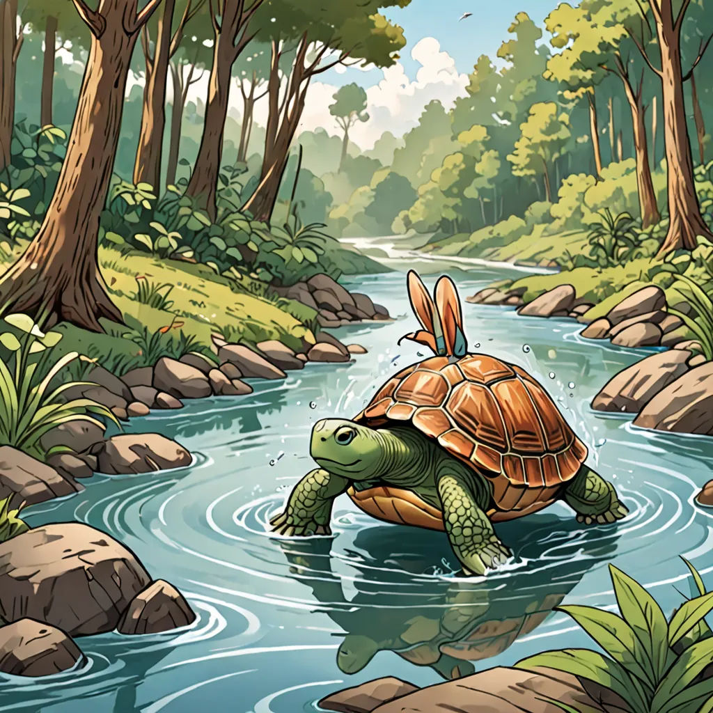 a turtle is swimming in a river surrounded by trees and rocks, with a forest in the background and a stream running through it, environmental art, a storybook illustration, Chris LaBrooy, storybook illustration