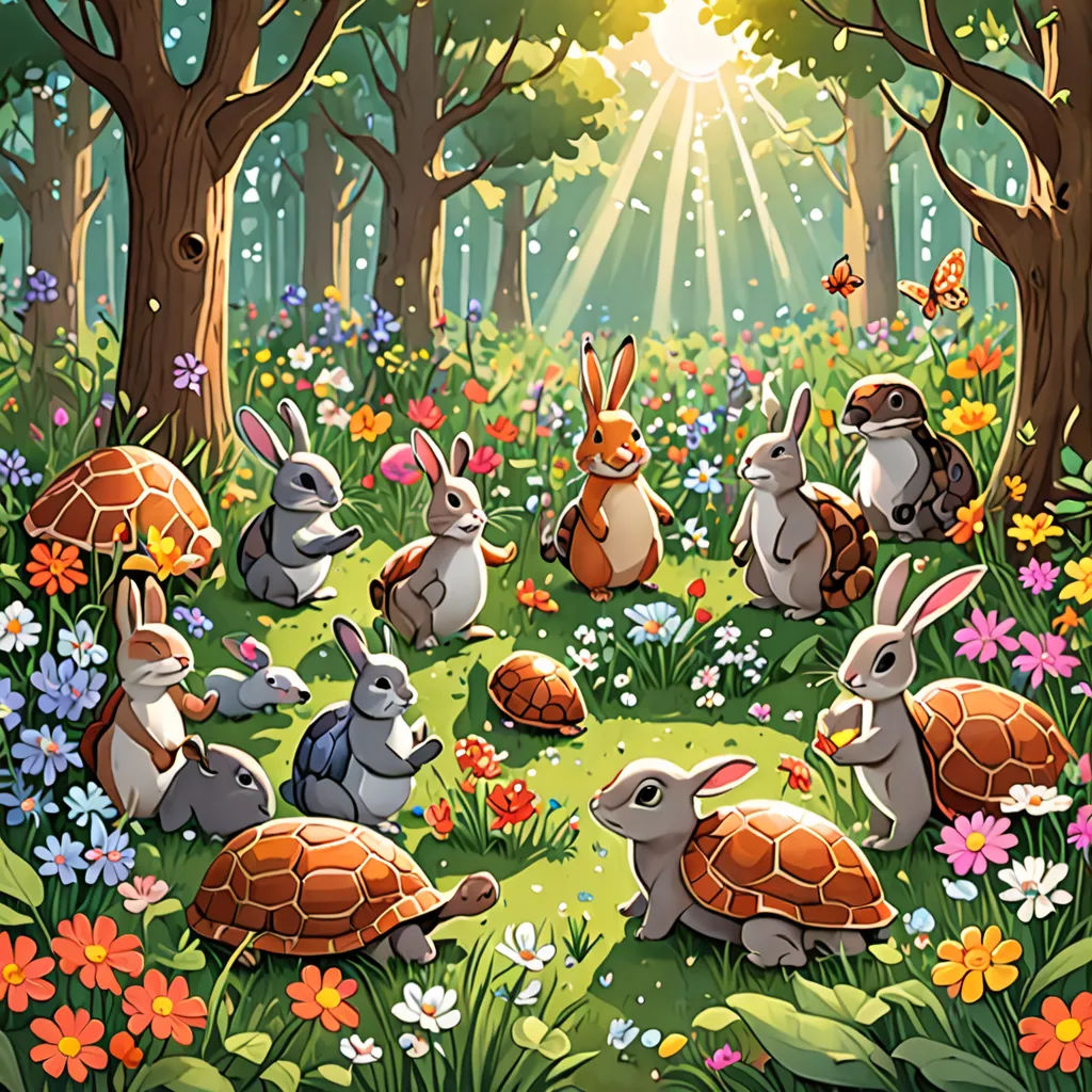 a painting of rabbits and rabbits in a forest with flowers and trees, and a sunbeam in the background, fantasy art, a storybook illustration, Dan Mumford, rossdraws global illumination