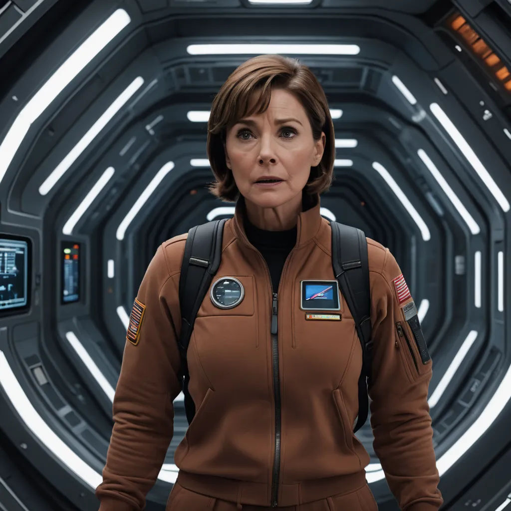 a woman in a star trek uniform standing in a space station corridor with a camera on her shoulder and a camera on her shoulder, space art, a character portrait, Eve Ryder, promotional image