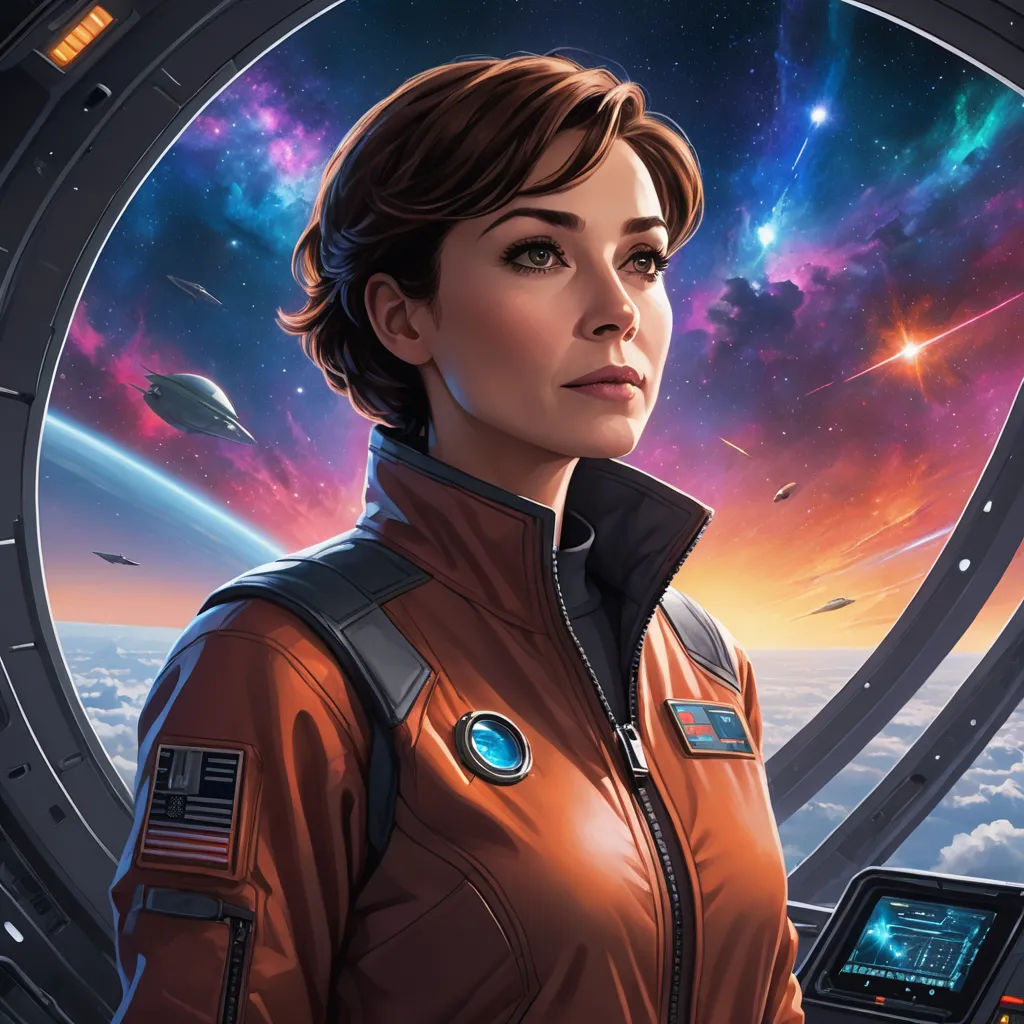 a woman in a space suit standing in front of a window with a view of the earth and stars, space art, a character portrait, Eve Ryder, key art