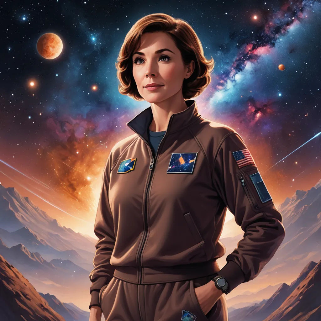 a woman in a space suit standing in front of a mountain range with a planet in the background and stars in the sky, space art, poster art, Eve Ryder, promotional image