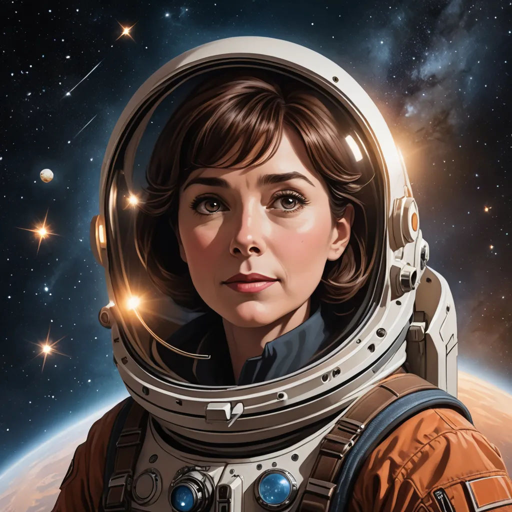 a woman in a space suit with a space background and stars in the sky behind her is a planet, space art, an ultrafine detailed painting, Eve Ryder, highly detailed digital painting