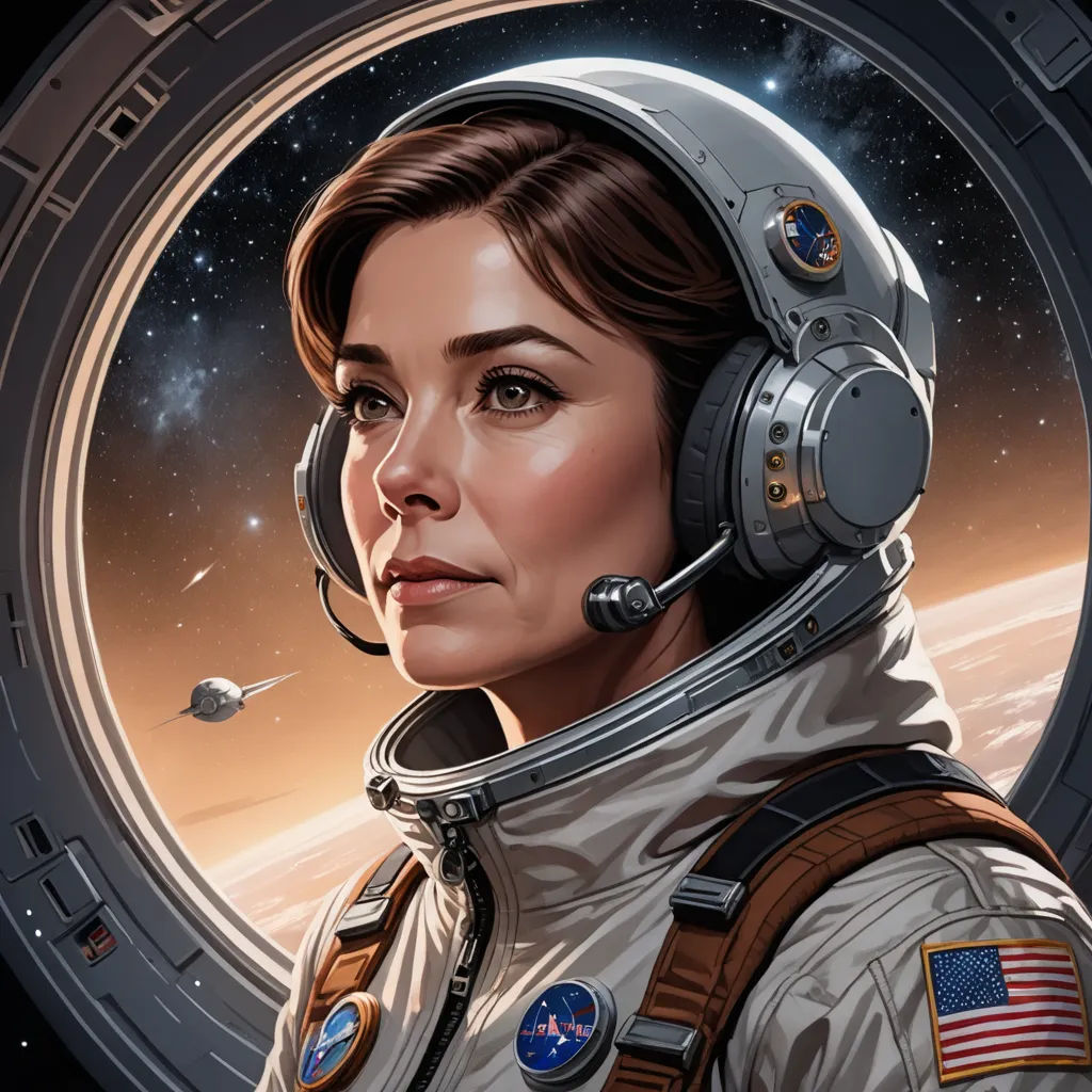 a woman in a space suit with a helmet on and a space shuttle in the background, looking out of a window, space art, a detailed painting, Eve Ryder, stanley artgerm lau