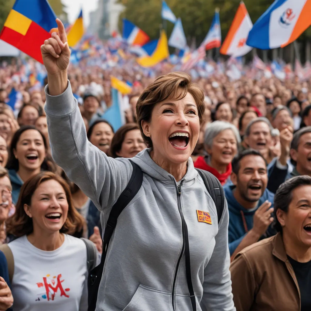a woman holding a flag in front of a crowd of people with flags in the background and a woman holding a flag in the air, kitsch movement, a renaissance painting, Ada Gladys Killins, promotional image