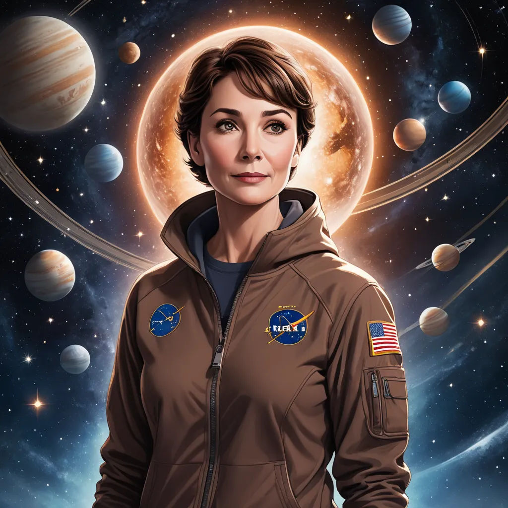a woman in a brown jacket standing in front of a painting of planets and a moon with a woman's face painted on it, space art, poster art, Eve Ryder, promotional image